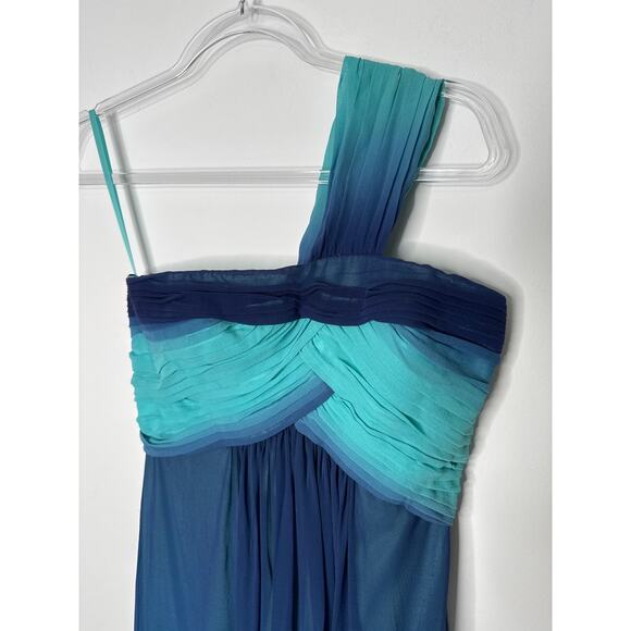 2000s BCBG Max Azria Teal Blue Ombre One-Shoulder Chiffon Evening Gown – Size 0 - Picture 3 of 12
